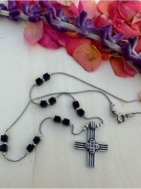Silpada Sterling-silver onyx Bead Cross Necklace 17” long
